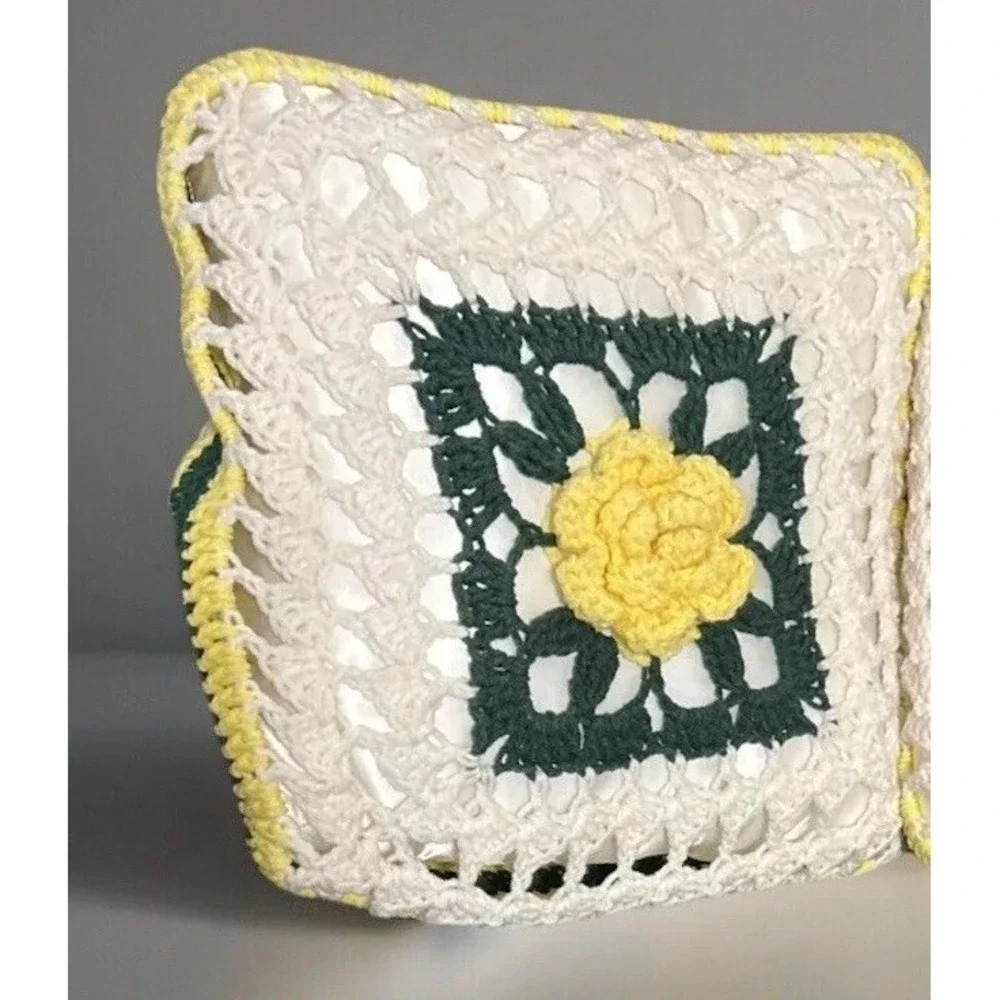 Handmade Crochet Rose Granny Square Throw Pillow White Yellow Green Vintage (#2)